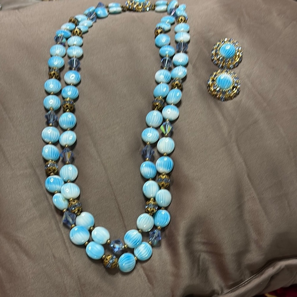 Elegant Blue Beaded Necklace and Earring Set vintage